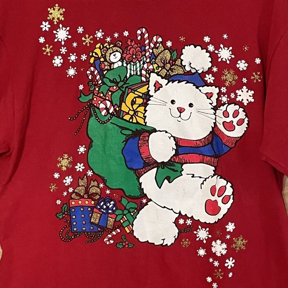 vintage mbc christmas cat Kitten puff paint ugly christmas t shirt Womens Large
